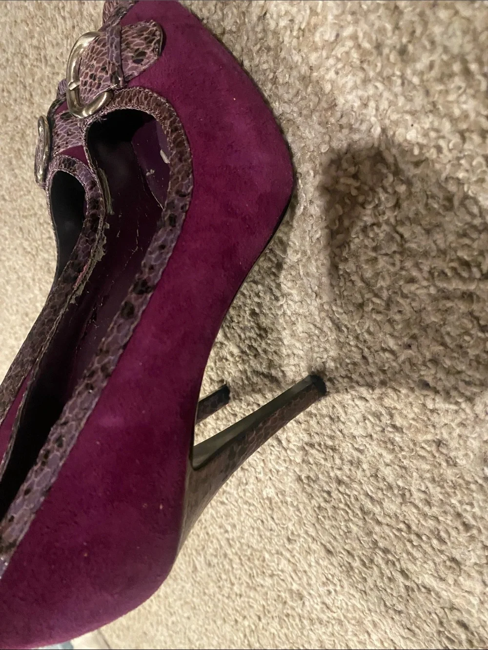 Nine West Purple Suede Peep-Toe Pumps with Snakeskin Accent and Gold Buckle